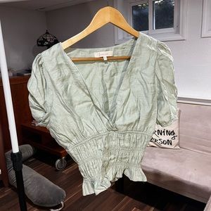 green ruched v neck shirt